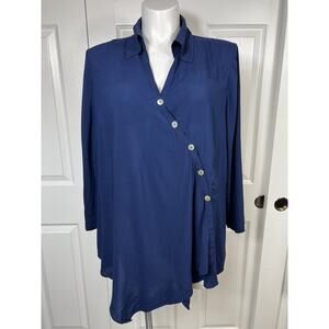 Soft Surroundings Women's Blouse Size 2X Navy Boho Asymmetrical Button Up Wrap